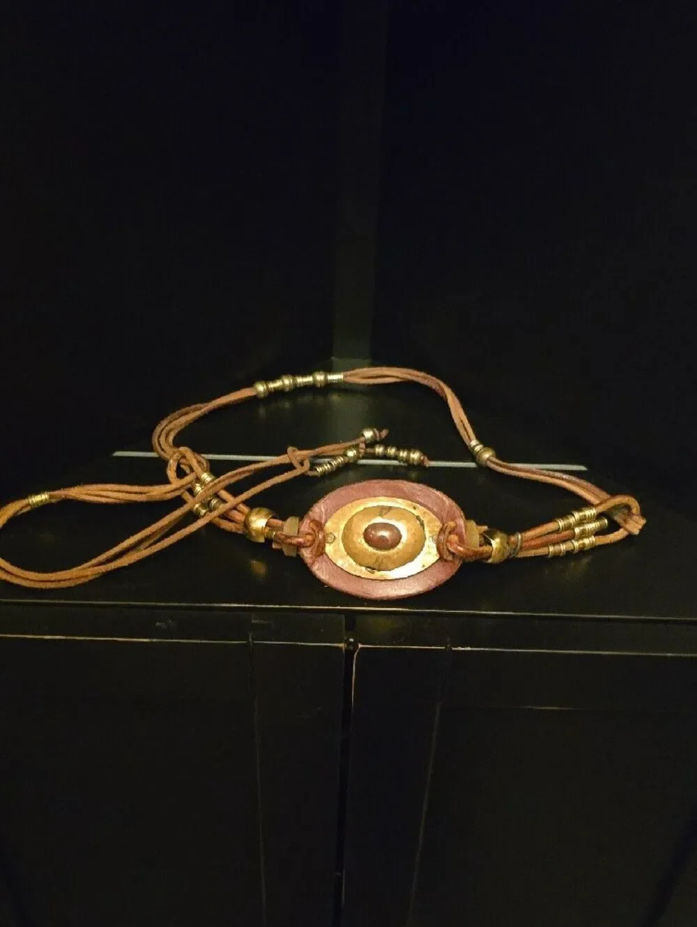 Brown Leather Waist Belt with Brass Accent and Center Gem